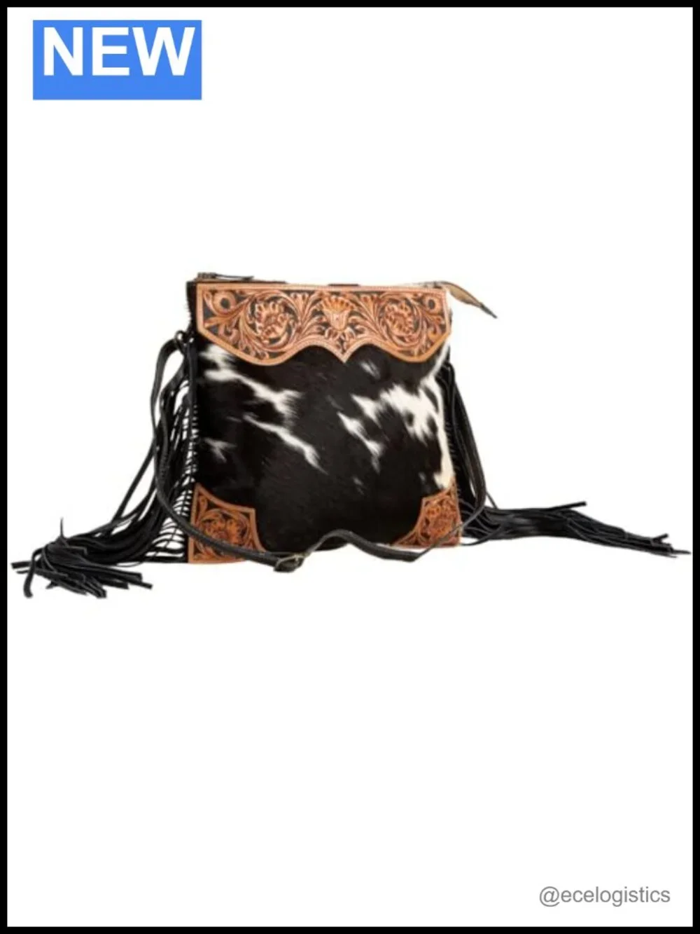 Tooled Leather Cowhide Handbag with Hand-Etched Patterns, Shoulder Strap